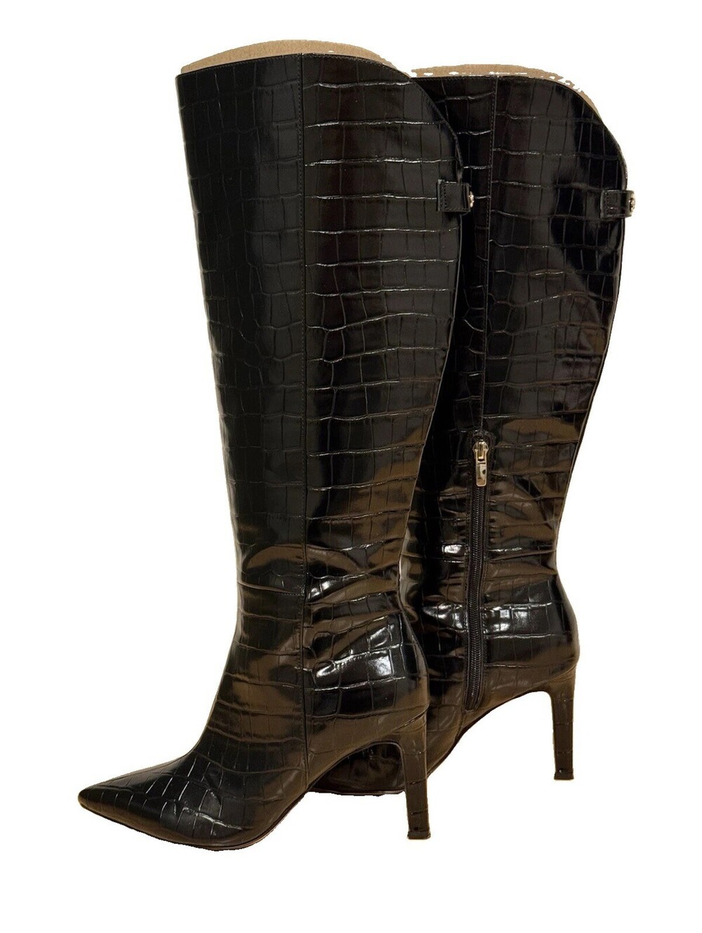Nine West Black Croc Embossed Knee High Boots Womens 8M Pointed Toe Stiletto